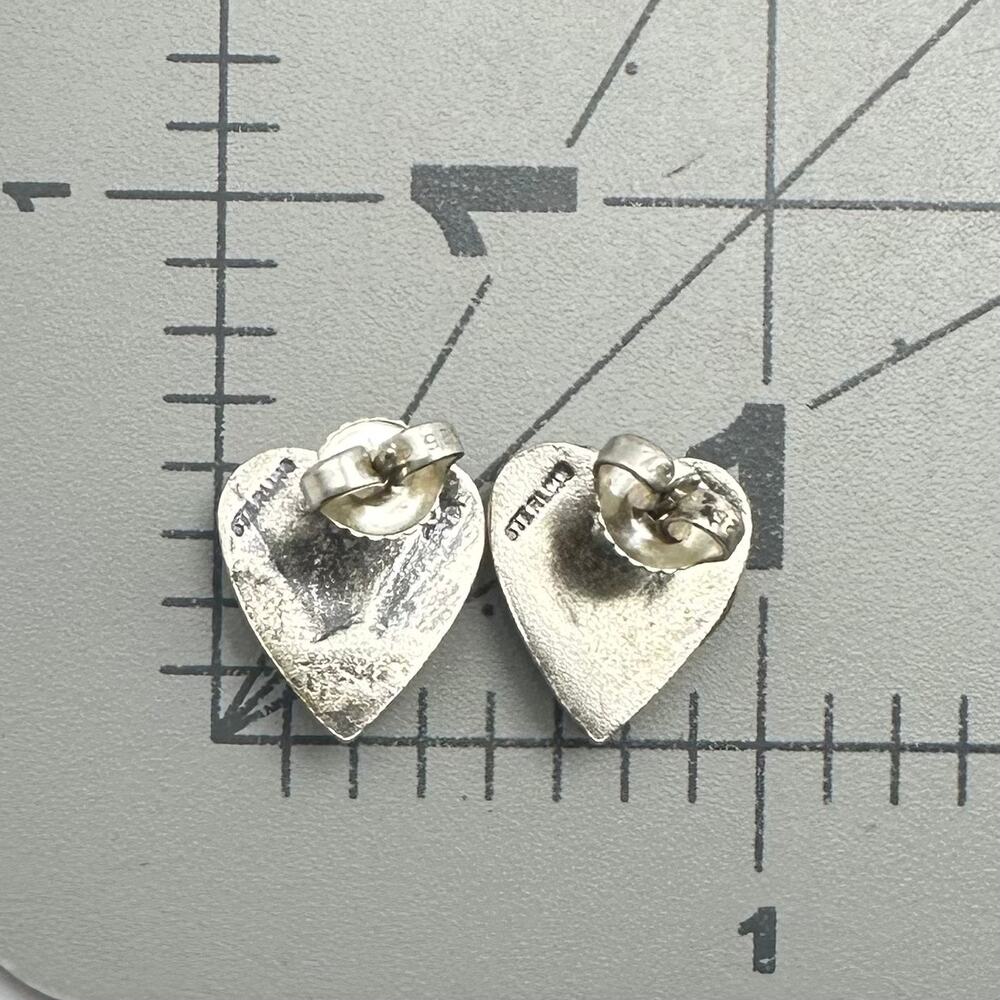 Vintage sterling silver handmade green resin cabochons hearts post earrings - Picture 7 of 8